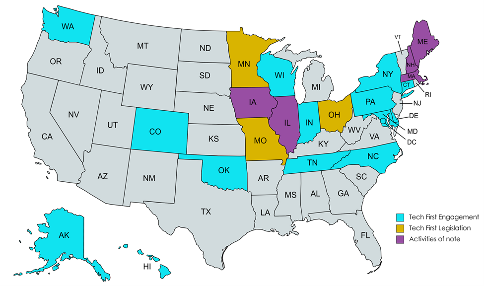 Chart of the United States illustrating 22 states that have initiated technology first initiatives as of 2020.